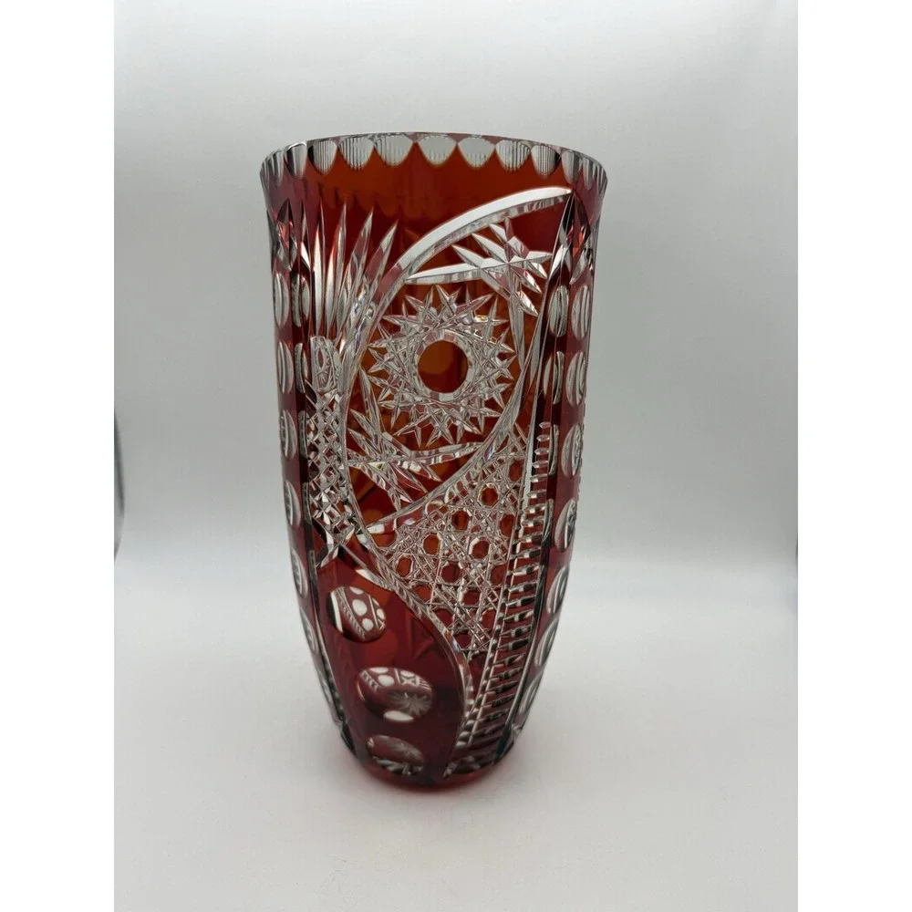 RARE Vintage Cranberry Red Cut to Clear Bohemian Heavy Crystal Vase 10